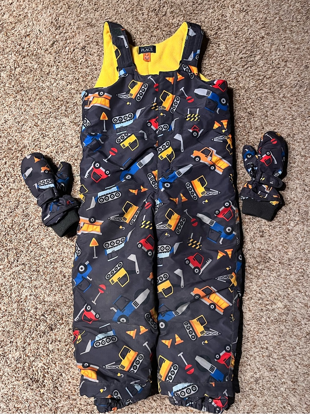 The Children's Place Black Construction Print Snow Bib with Mittens.